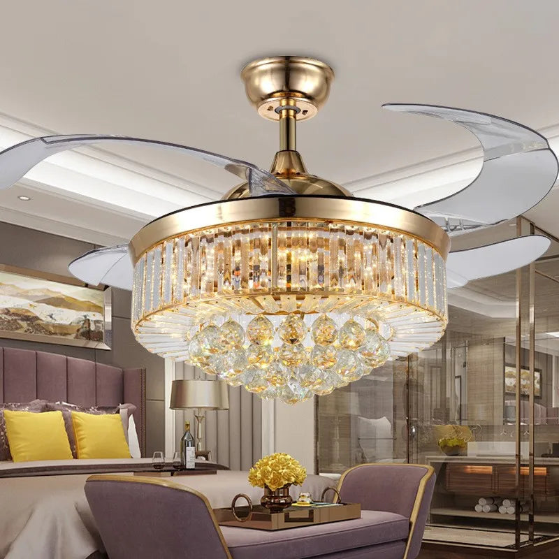 Crystal Dimmable 3 Color Retractable Ceiling Fan