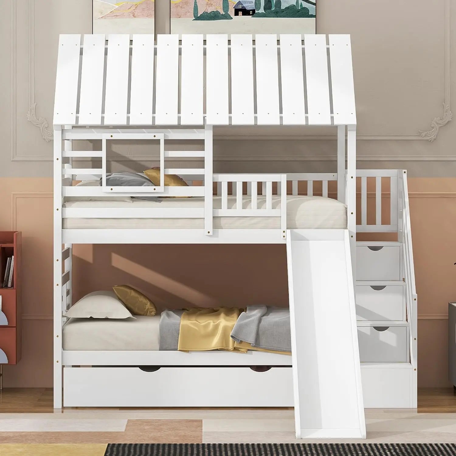 Twin Over Twin House Bunk Bed with Slide & Trundle