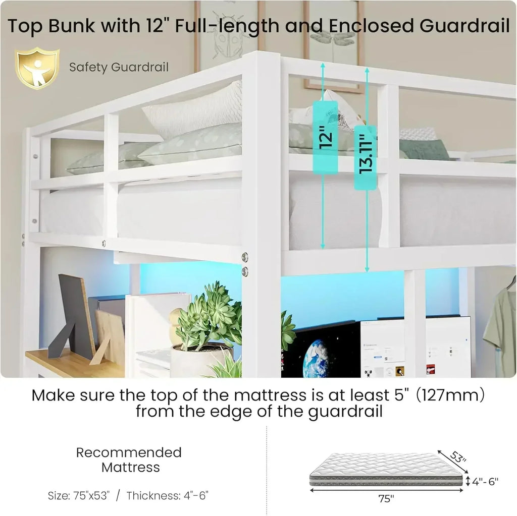 LED Lights and Charging Station Full Metal Loft Bed