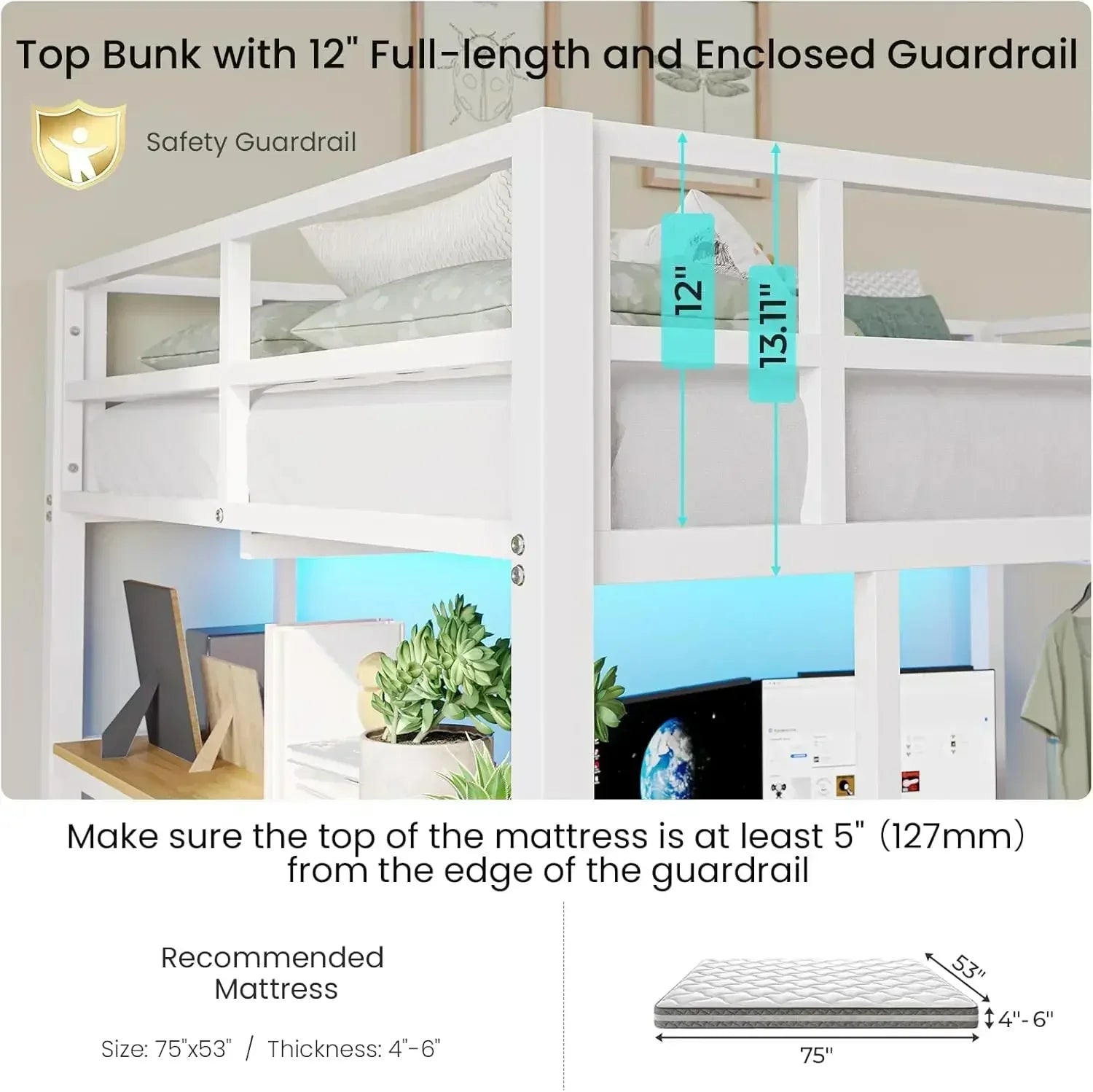 LED Lights and Charging Station Full Metal Loft Bed