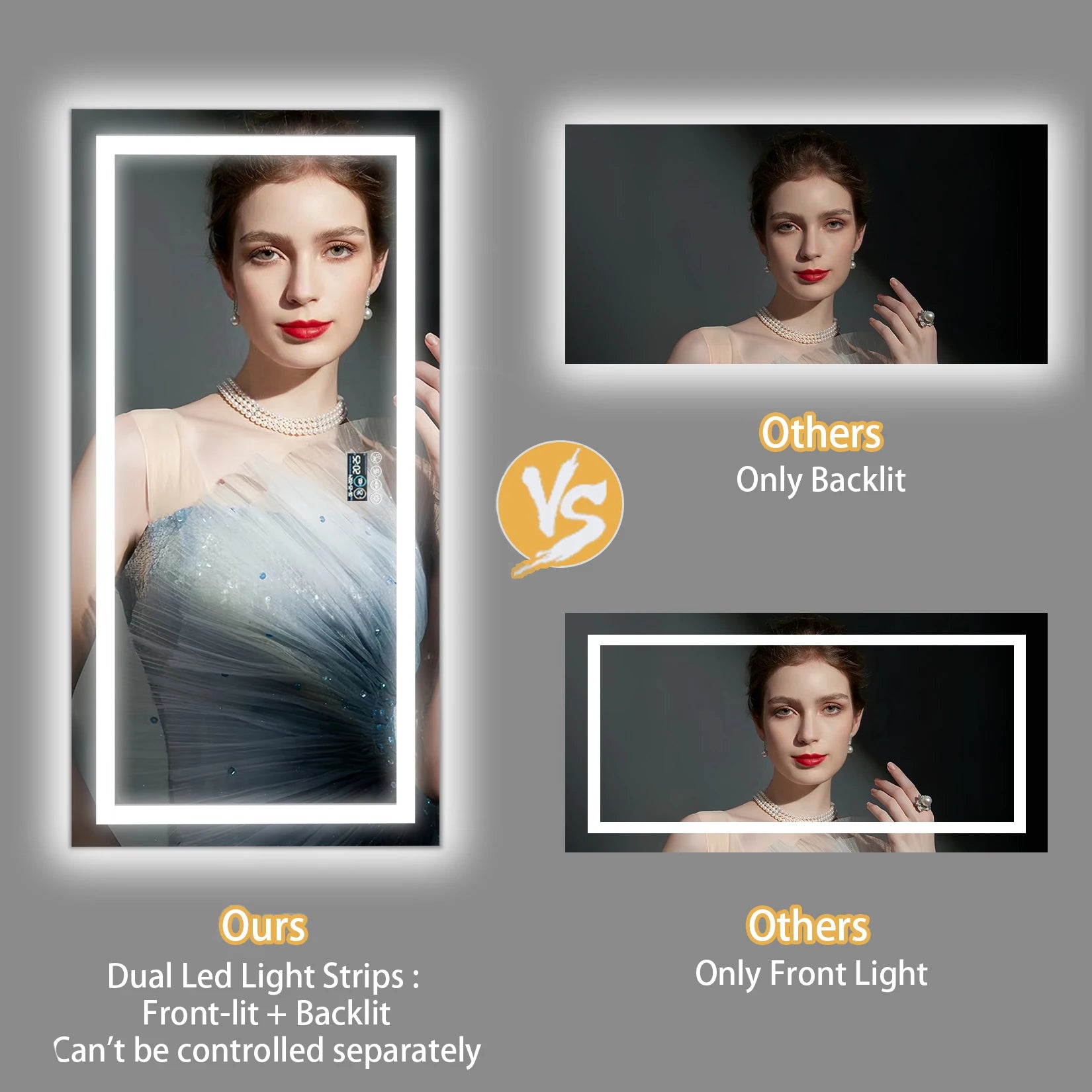 Bathroom Mirror with Dual Lights, Anti-Fog, Bluetooth Speaker Dimmable
