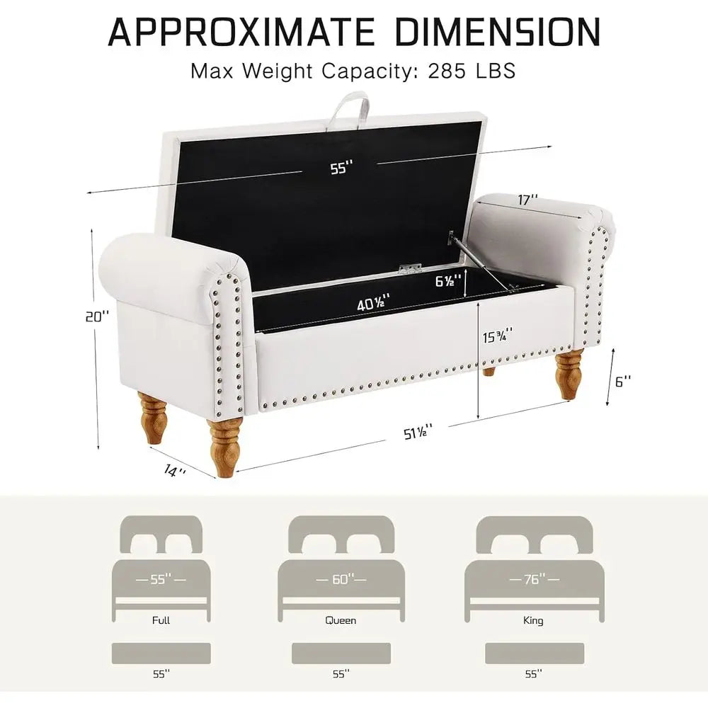 Linen Upholstered Storage Ottoman, Bedroom End of Bed Bench with Rolled Arms