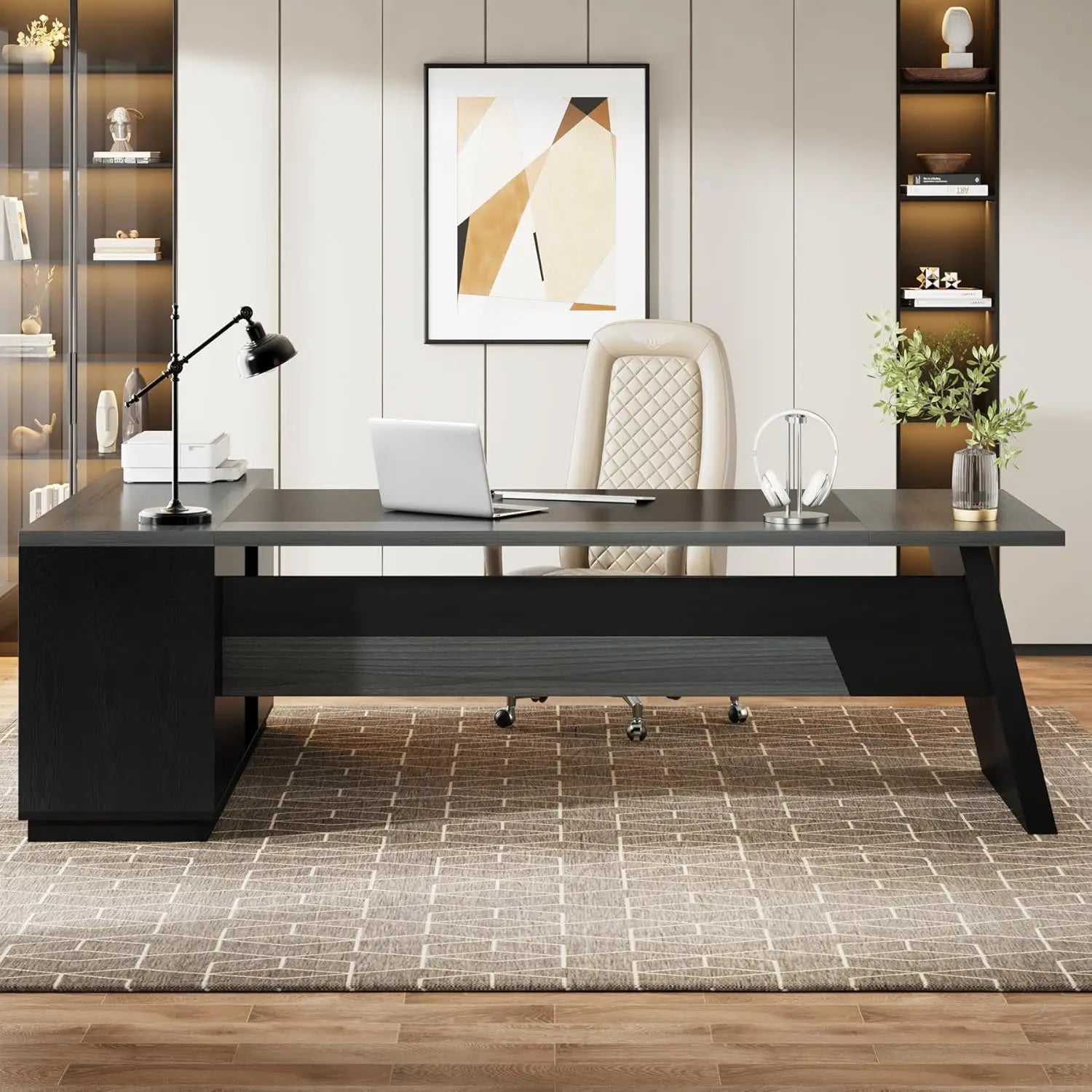 L-Shaped Executive Desk with Drawers & File Cabinet