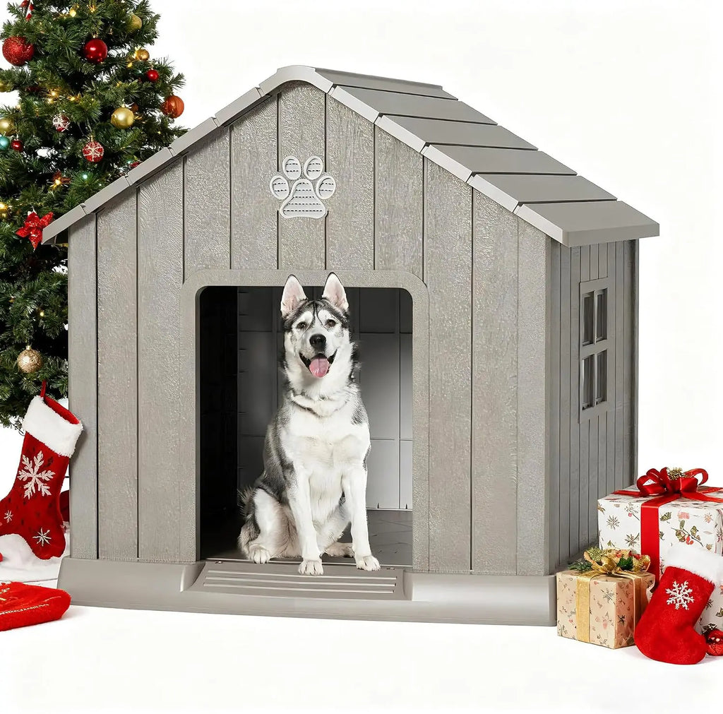 Weatherproof Plastic Dog House Outdoor Large Pet Kennel Shelter