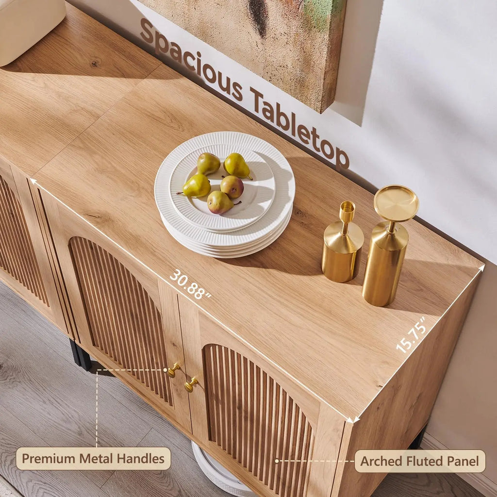 Natural Wide Fluted Arched Wooden Buffet Sideboard Cabinet