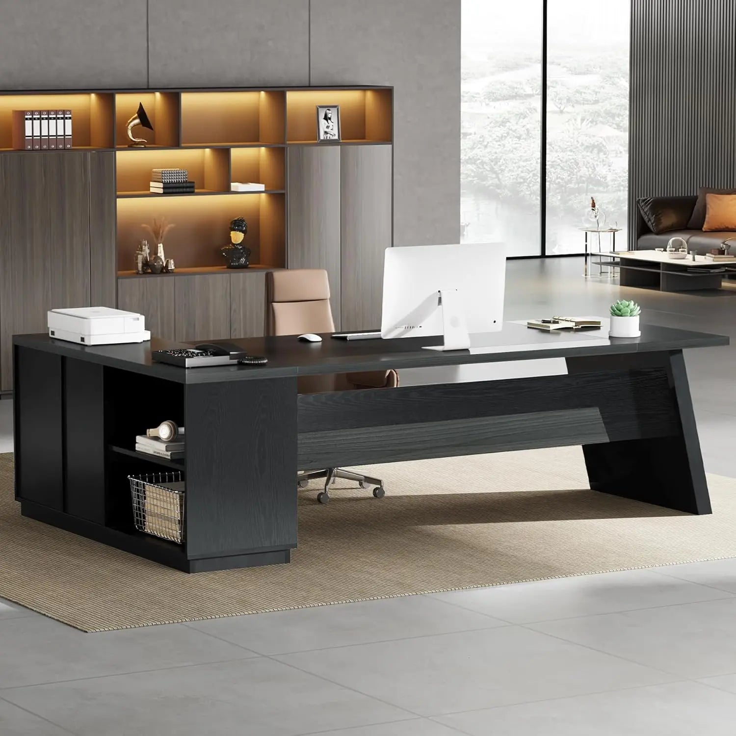 L-Shaped Executive Desk with Drawers & File Cabinet
