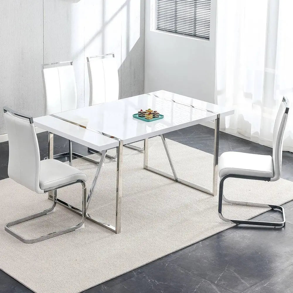 White 4-Seat Modern Dining Table with Leather Chairs Set