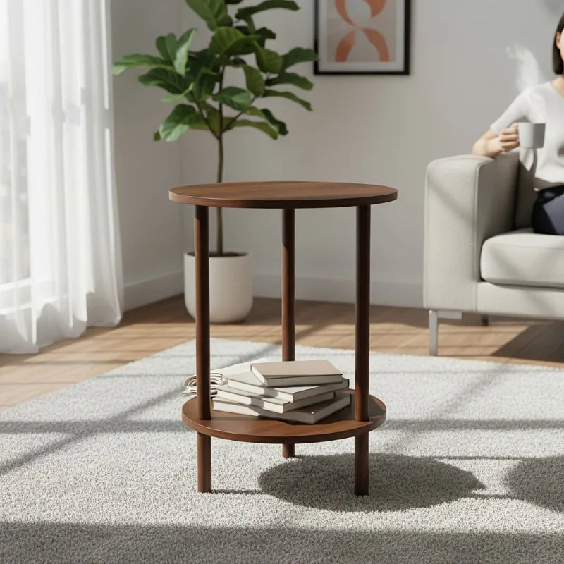 Modern Round Nesting Coffee Table, 2-Tier Wood Table in Walnut