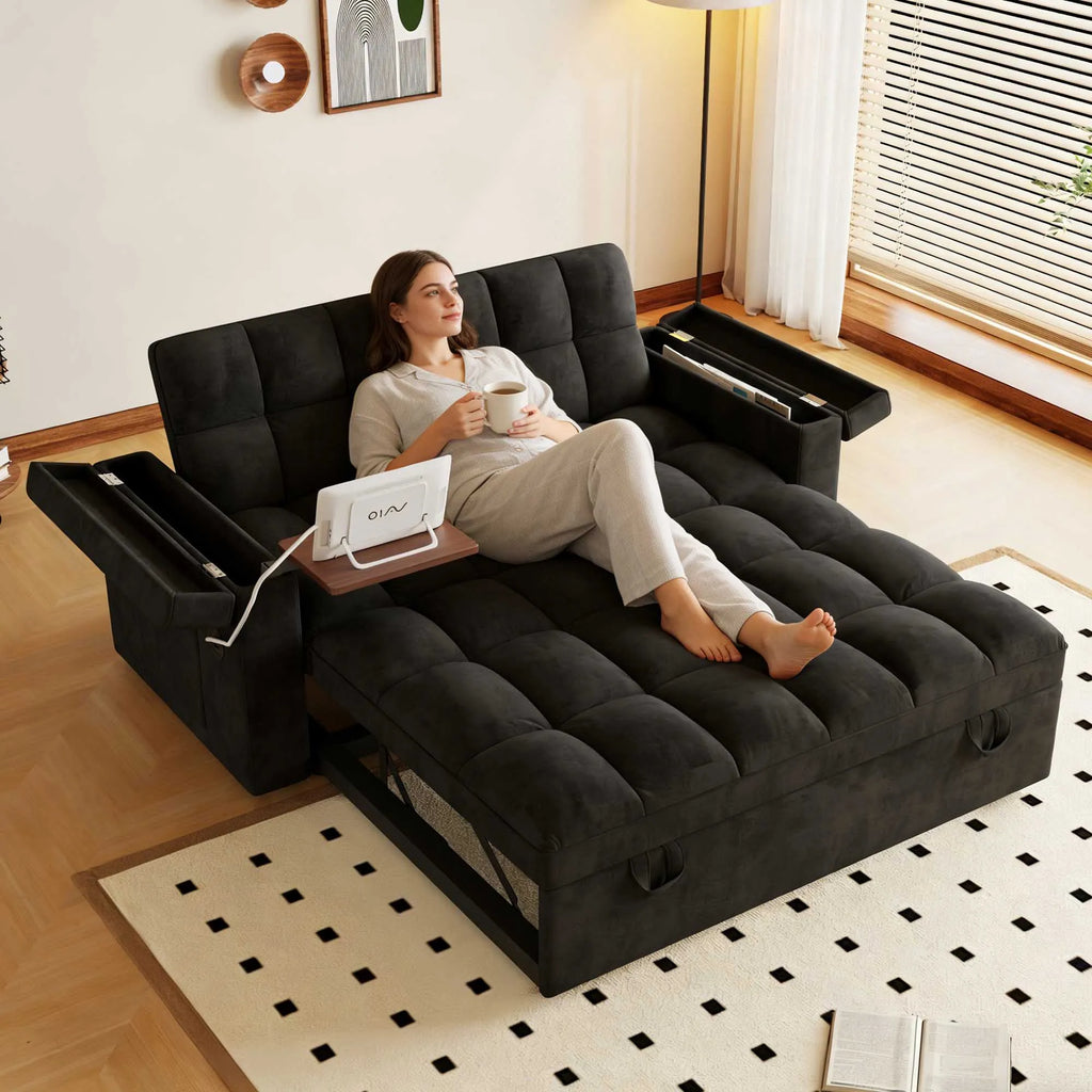 65" 3-in-1 Foldable Velvet Sofa Bed with USB Charging Port
