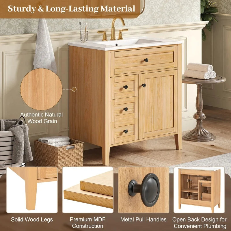 30" Natural Wood Grain Bathroom Vanity with Ceramic Sink