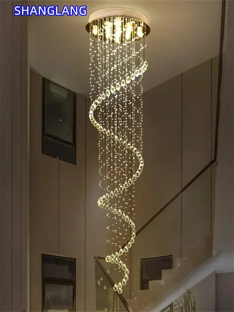 Large Crystal LED Chandeliers for Spiral Living Room Staircase