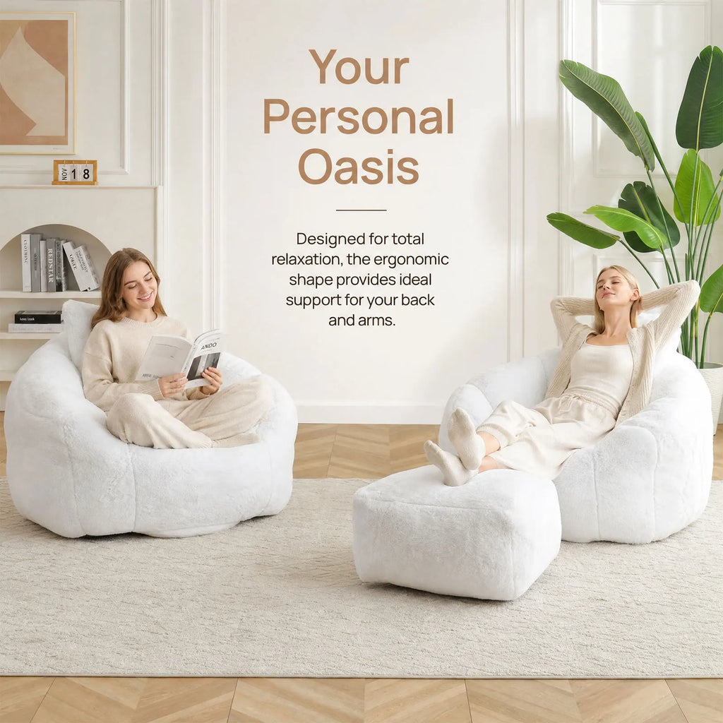Bean Bag Chair with Ottoman, Comfy Bean Bag Chairs with Memory Foam Filled, Fluffy Beanbag Sofa with Dutch Velvet Cover, Teardrop BeanBag Chairs for Living Room, Playroom