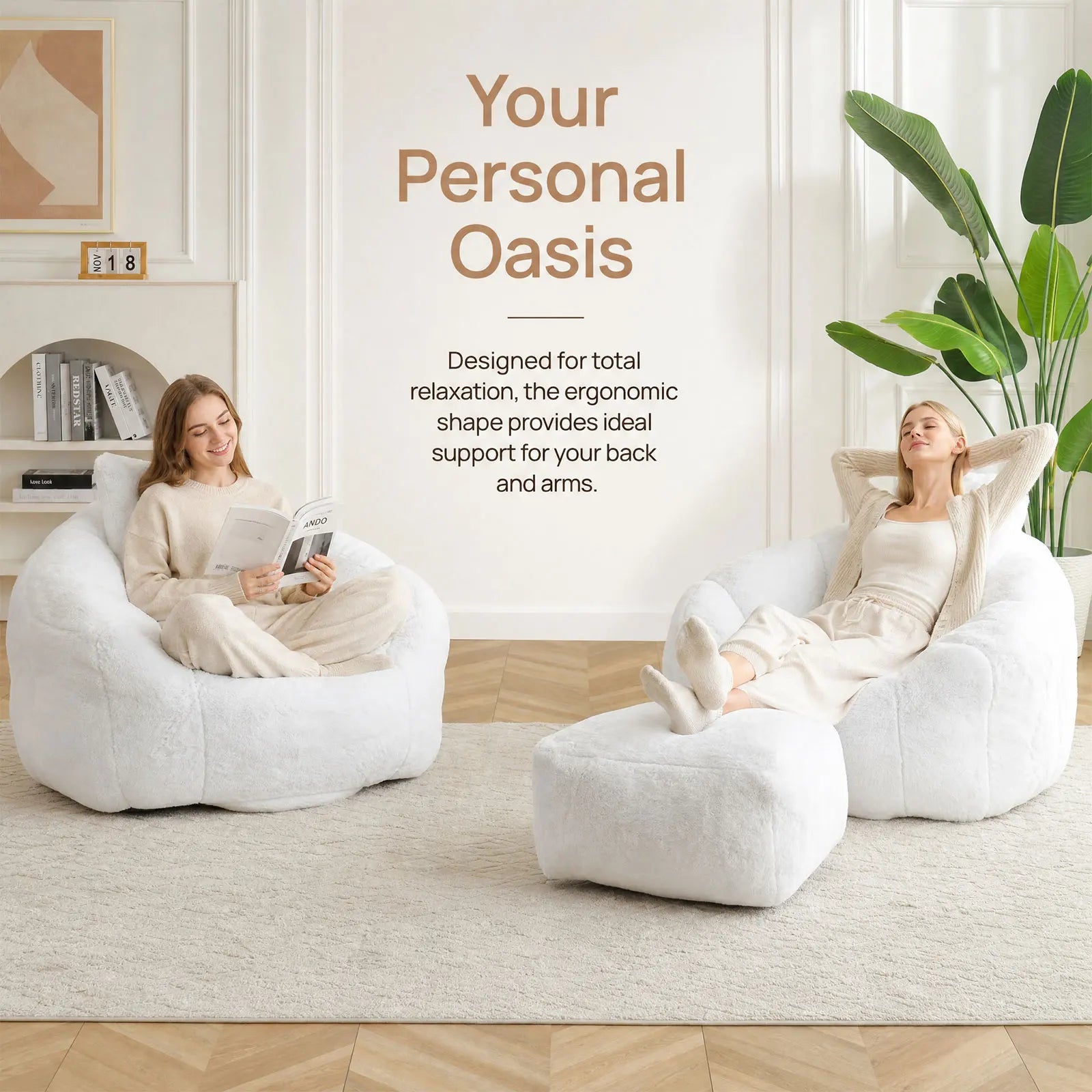 Bean Bag Chair with Ottoman, Comfy Bean Bag Chairs with Memory Foam Filled, Fluffy Beanbag Sofa with Dutch Velvet Cover, Teardrop BeanBag Chairs for Living Room, Playroom