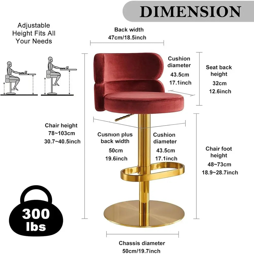 Adjustable Velvet Bar Stool with Gold Base, Red (1 Piece)