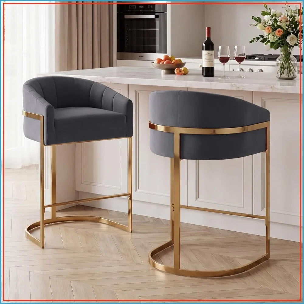 27" Counter Height Bar Stools Set of 2, Gold Velvet Barrel Stools with Back, Gray