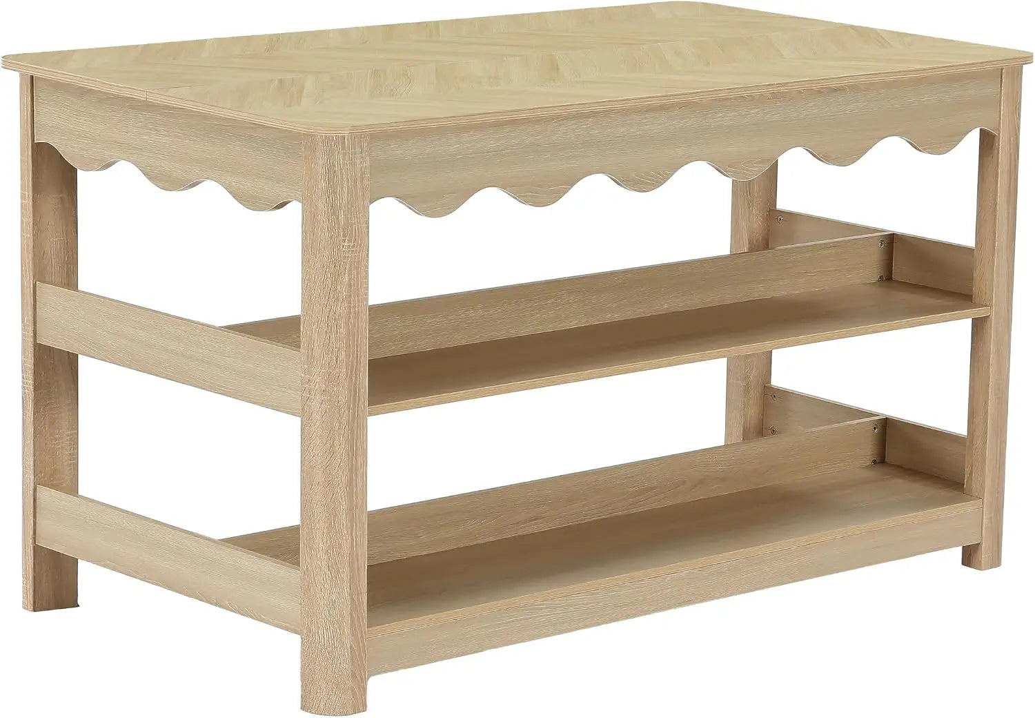 Large Farmhouse Kitchen Island Table With Storage And Seating Space, Three Tier Wooden Food Prep Station Counter With Spacious Worktop And Leg Room, Modern Coffee Bar Utility Shelf Rack, Light Oak