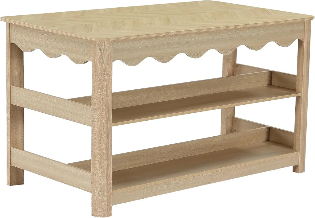 Large Farmhouse Kitchen Island Table With Storage And Seating Space, Three Tier Wooden Food Prep Station Counter With Spacious Worktop And Leg Room, Modern Coffee Bar Utility Shelf Rack, Light Oak