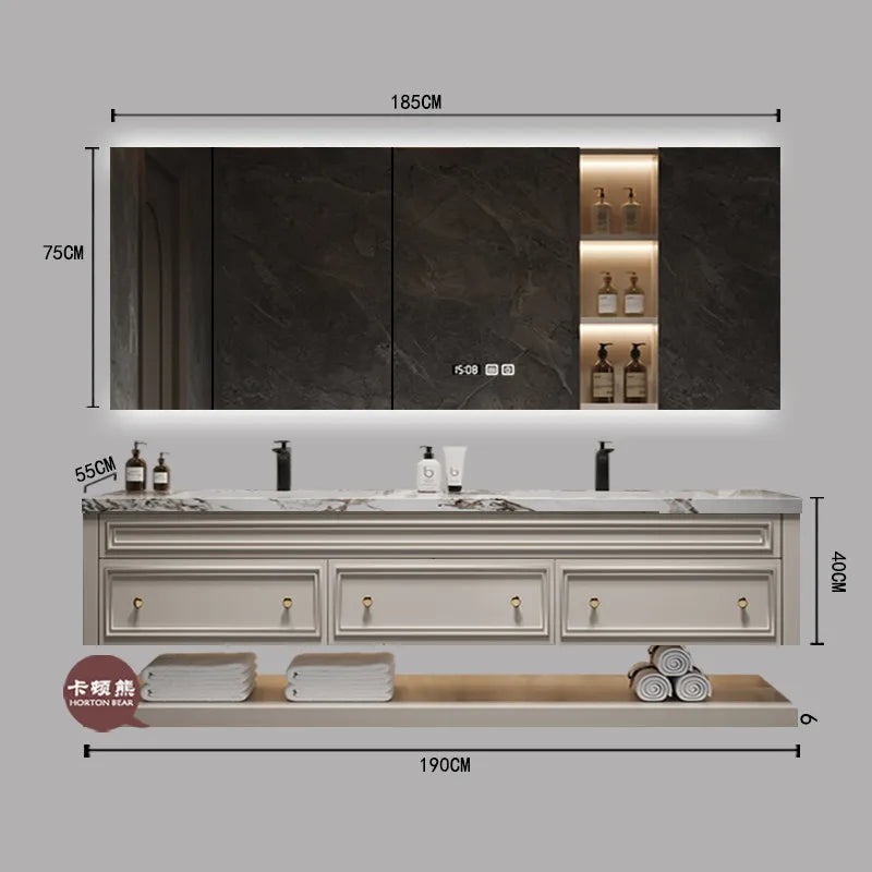 French-Style Seamless Integrated Double Basin Oak Bathroom Vanity