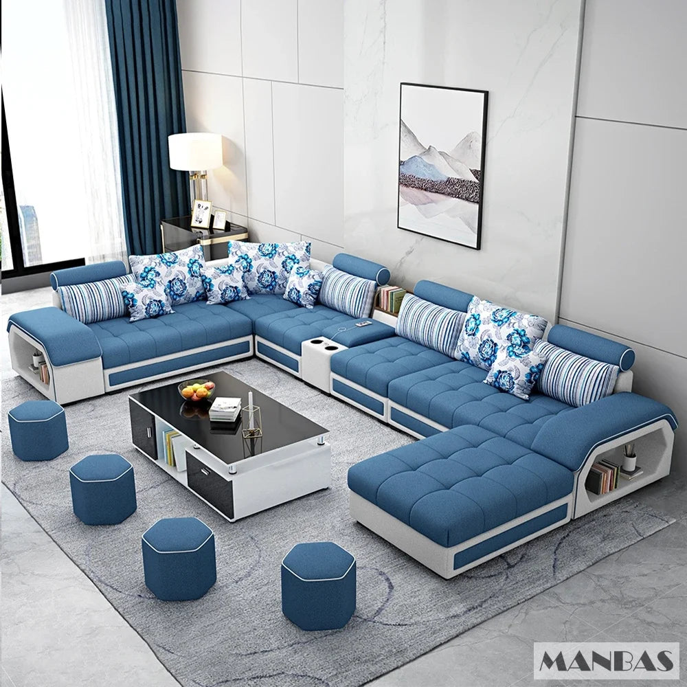 Fabric Sofa Set Furniture, Living Room Sofa Set, with USB and Stools / Big U Shape Cloth Couch Sofas for Home Furniture