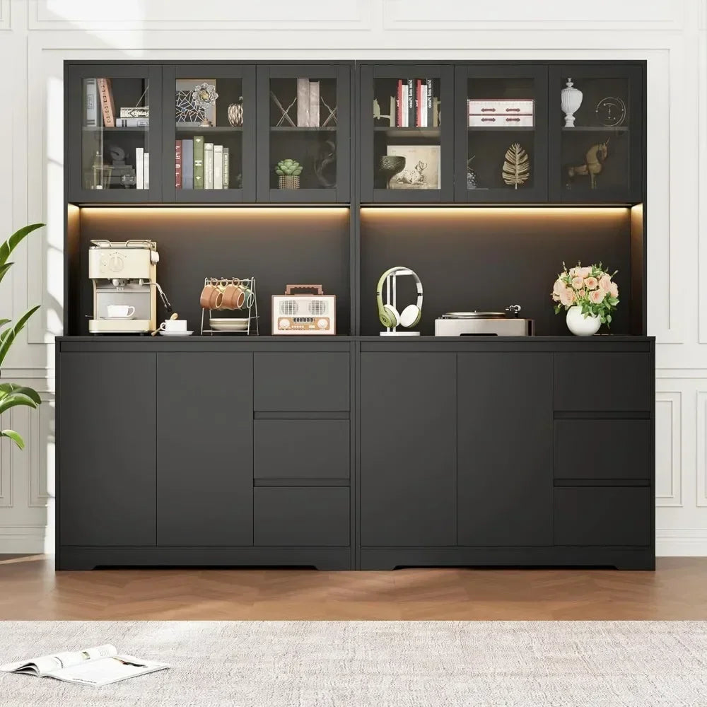 Modern Kitchen Cabinet Hutch Cabinet with Storage,71" Kitchen Pantry Cabinet with LED Lights and Charging Station
