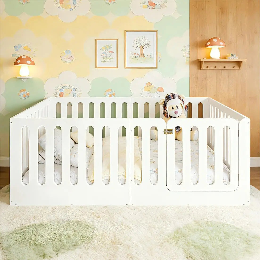 Full Size Montessori Floor Bed Frame with Rails & Door