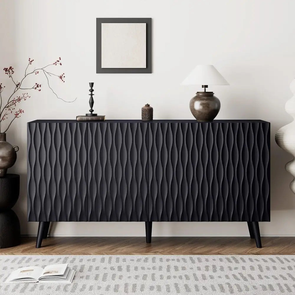 Black Wave Fluted 4-Door Sideboard Buffet