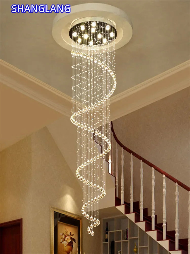 Large Crystal LED Chandeliers for Spiral Living Room Staircase