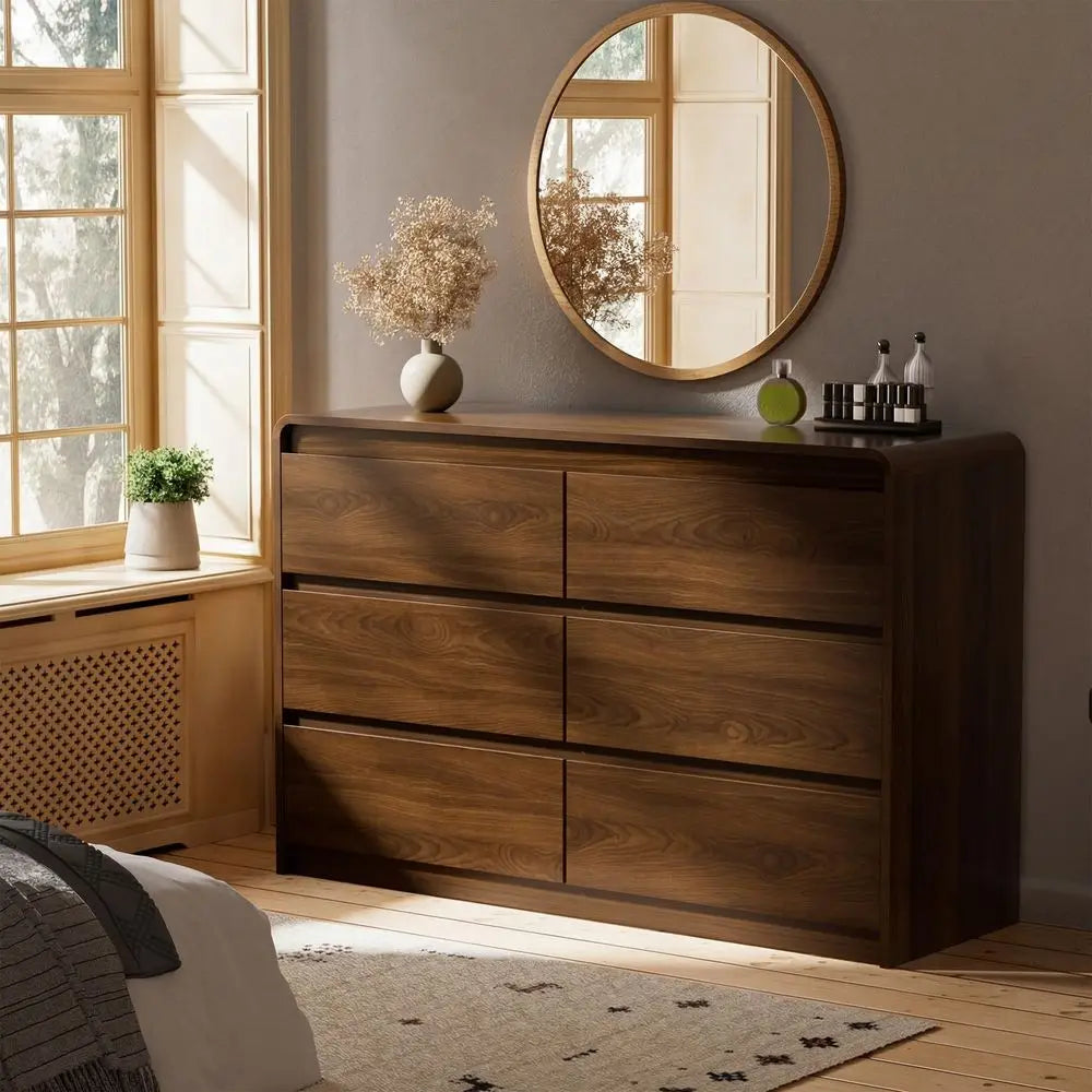 6 Drawer Dresser, 47 Wide Walnut Dresser Chest of Drawers