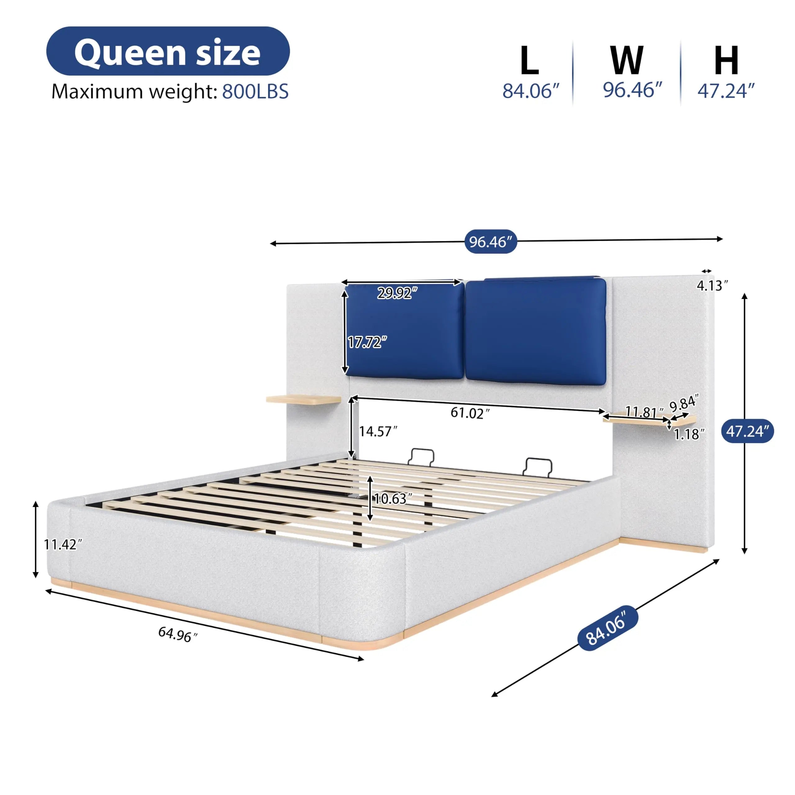 Queen Size Upholstered Bed Frame with integrated Shelves,Thick Headboard and Footboard,Wooden Structure Solid, Noise-Free,No B