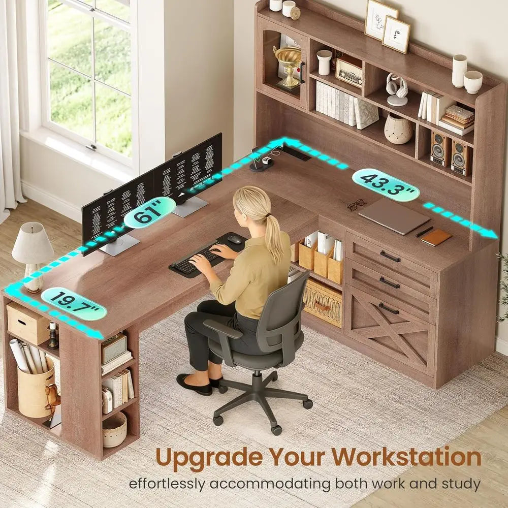 L-Shaped  Storage Desk with LED Light, Power Outlet, and Display Cabinet
