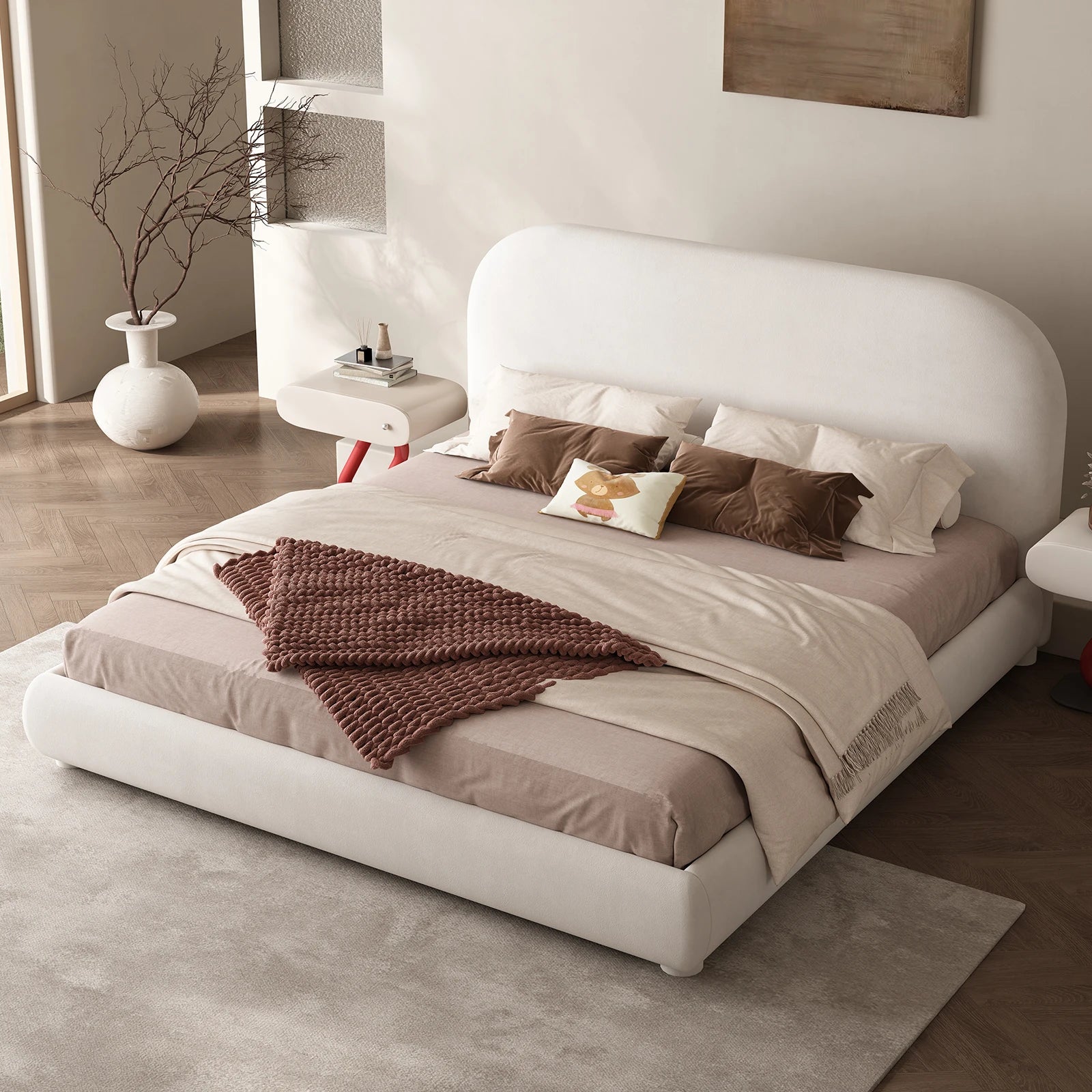 Queen Size Boucle Bed Frame, Upholstered Cloud Bed Frame with Headboard, Soft Platform Bed Frame with Thickened Footboard, Rounded Corners, No Box Spring Required