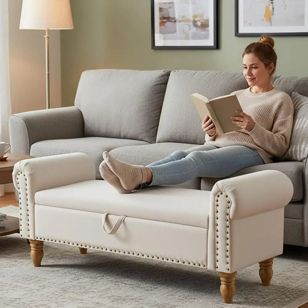Linen Upholstered Storage Ottoman, Bedroom End of Bed Bench with Rolled Arms