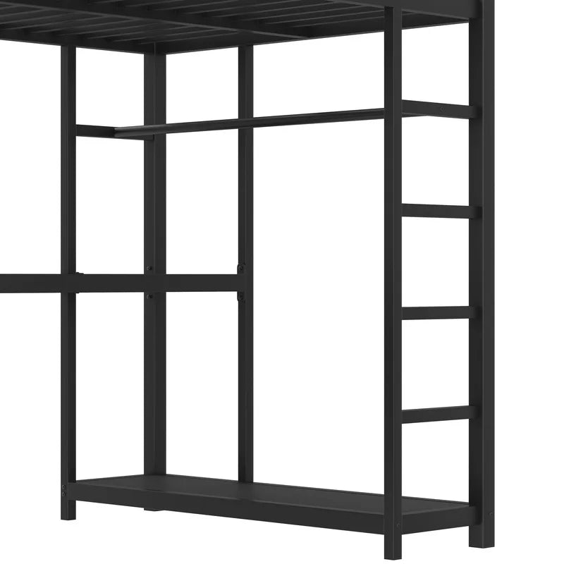 Black Metal Loft Bed with Wardrobe and L-Shaped Desk, Twin Size, Storage Shelves, for Kids Teens Adults