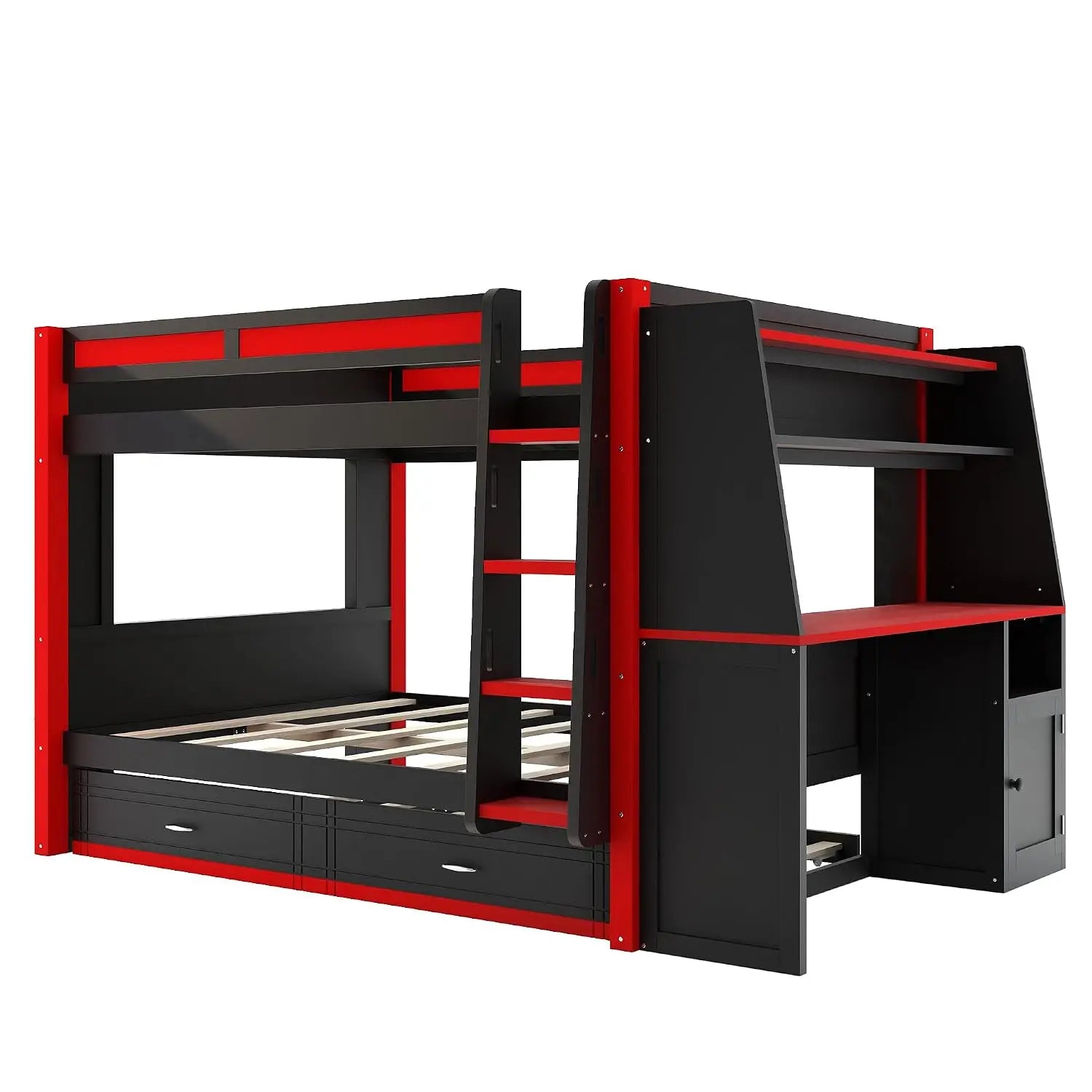 Full Size Gaming Bunk Bed with Desk, LED Lights & Trundle