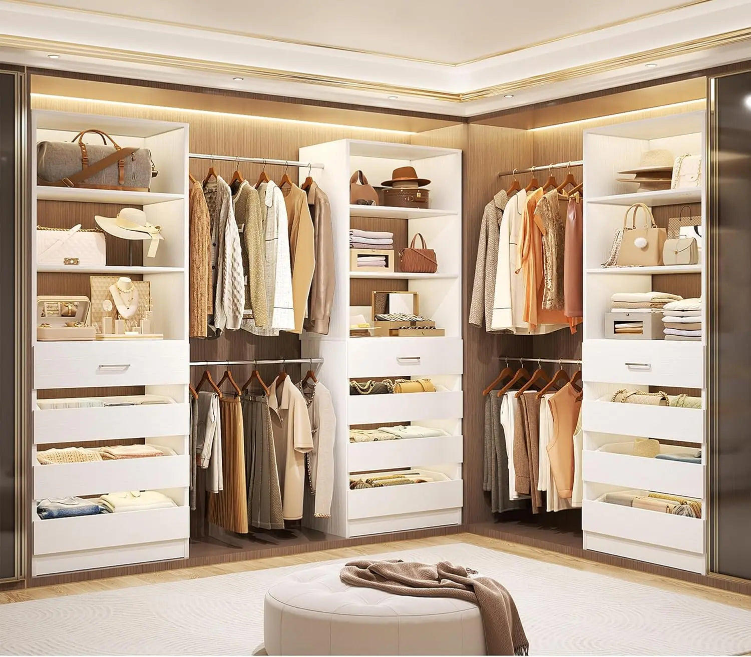 Wood Closet Organizer 12 Drawers 4 Rods 3 Towers