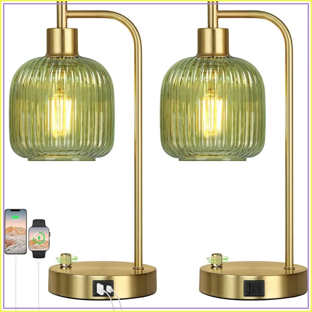 Industrial Table Lamp Set of 2, Green Glass