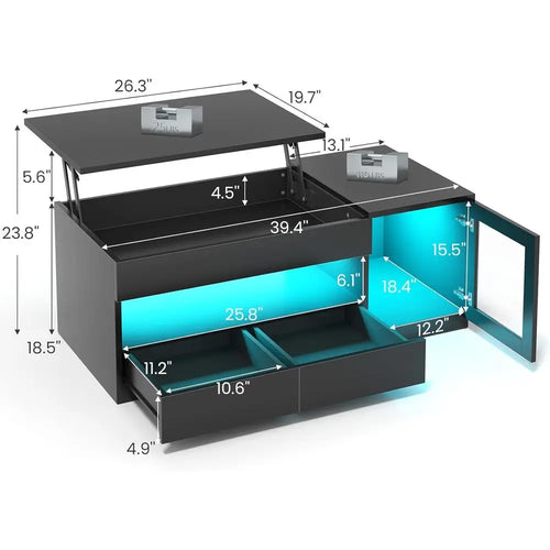 39.4 Large Tempered Glass Top Coffee Table with 2 Drawers, LED-Illuminated, Black