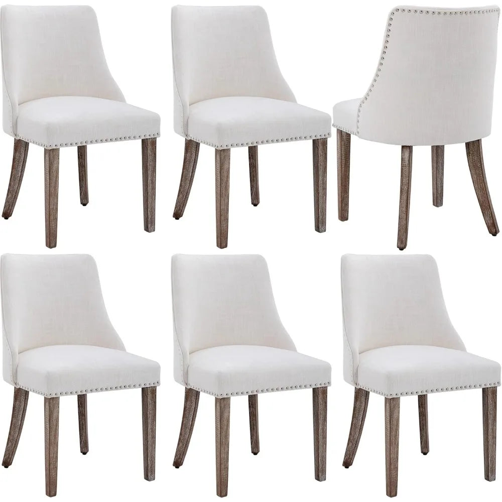 Linen Dining Chairs Set of 6 Upholstered Accent Chair with Nailhead Trim & Solid Wood Legs, Mid Century Modern Side Chair for Ki