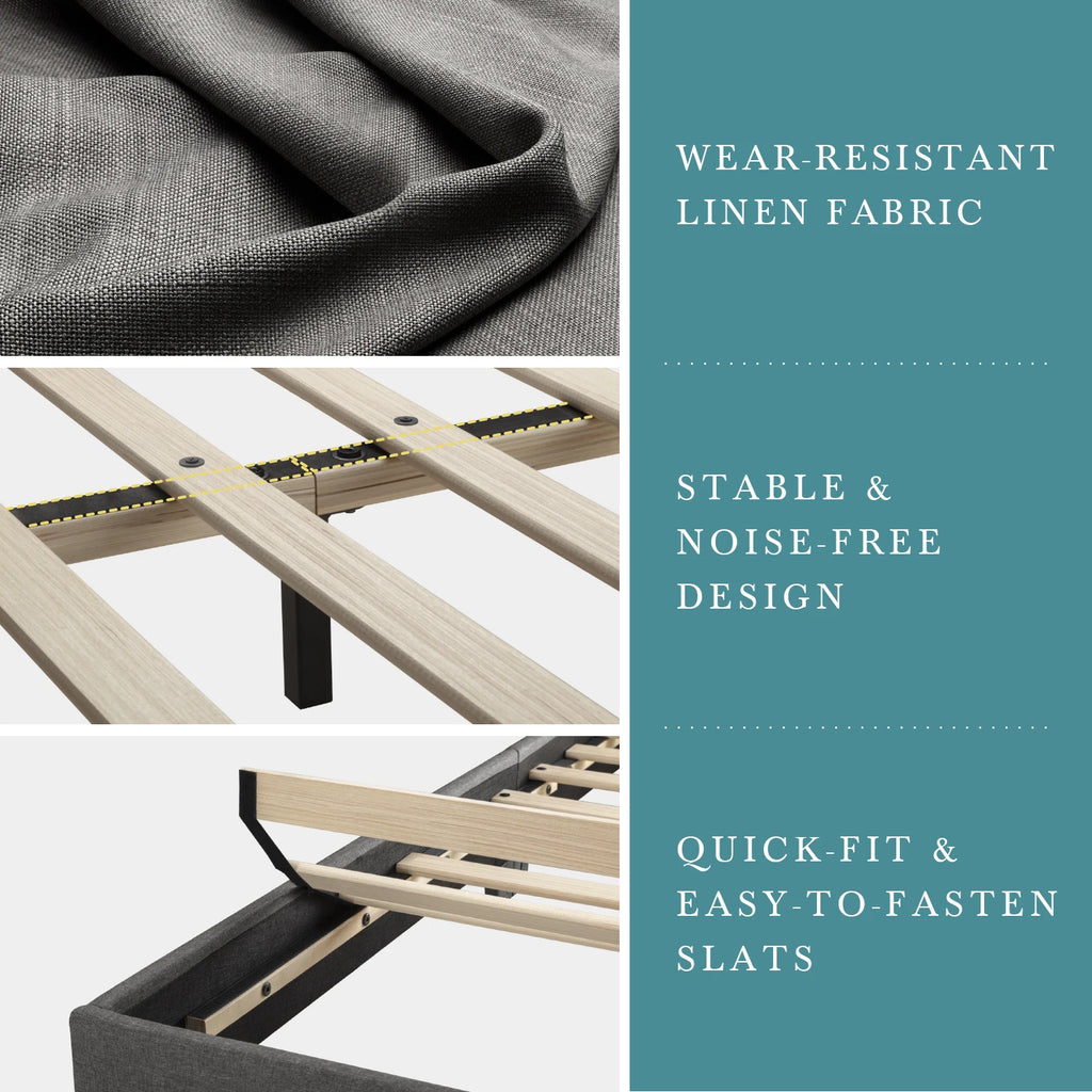 Upholstered Bed Frame with Adjustable Headboard, Soft Linen Fabric