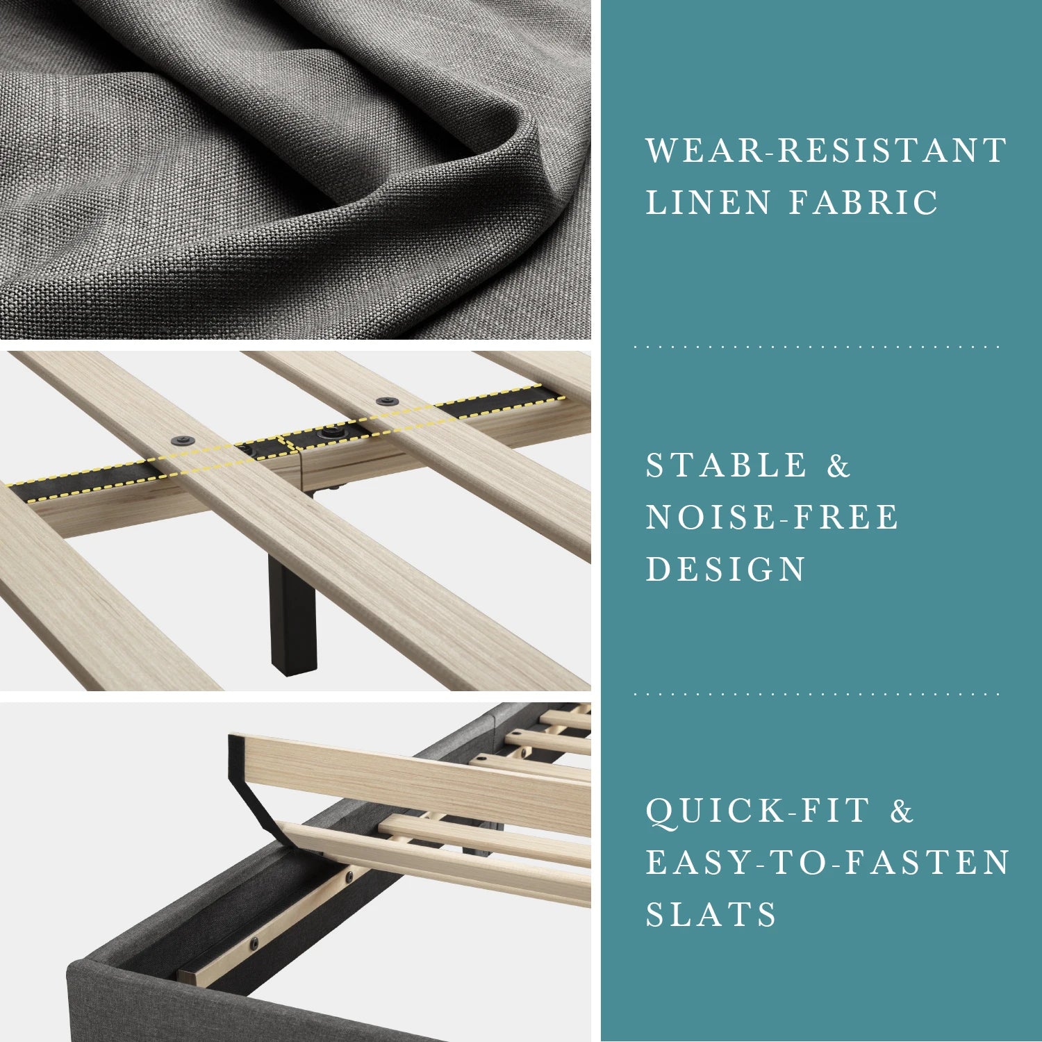 Upholstered Bed Frame with Adjustable Headboard, Soft Linen Fabric