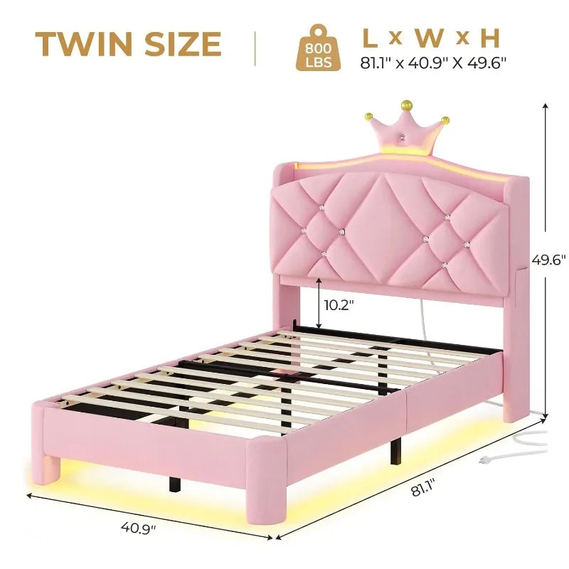 Pink Upholstered Twin Bed Frame with LED Lights & Charging Station for Girls Bedroom