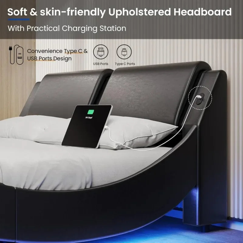 Queen Bed Frame with LED Lights and Charging Port for Imitation Leather Interior Bed