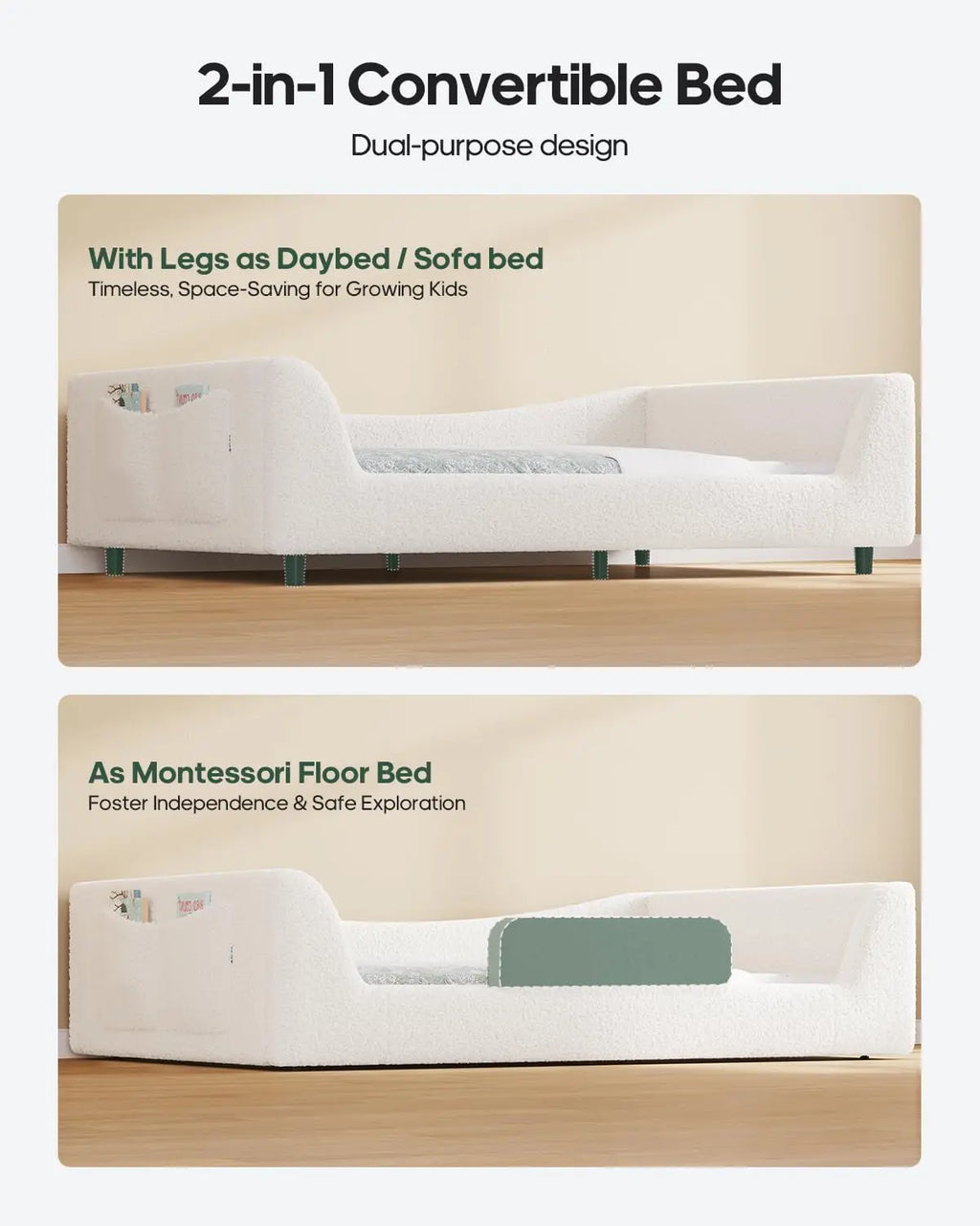 Twin Low Floor Bed Upholstered Curved Slats