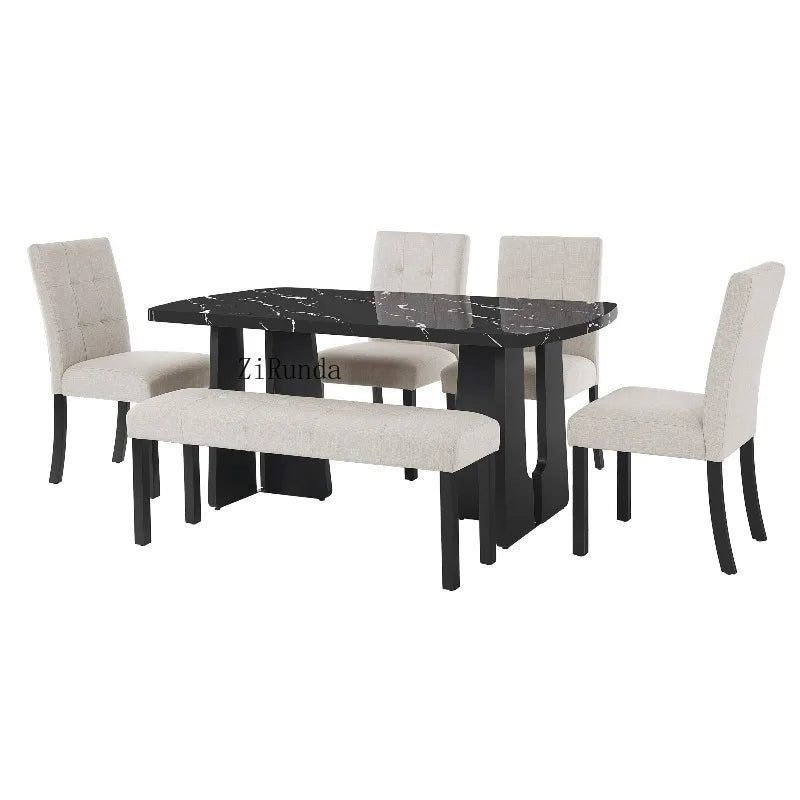 6 Piece Modern Dining Table Set, 63" Faux Marble Dining Table