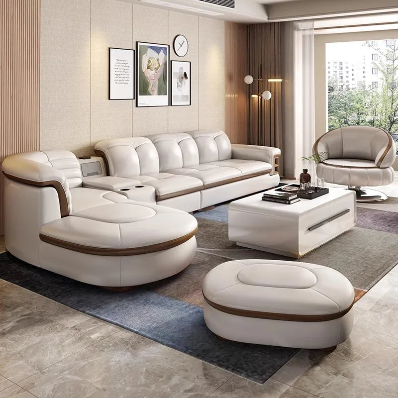 Luxury L-Shaped Genuine Leather Sectional Sofa Sets with USB, Bluetooth Speaker
