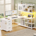 L-Shaped Desk with Storage, 3 Drawers, Bookshelf, LED Lighting