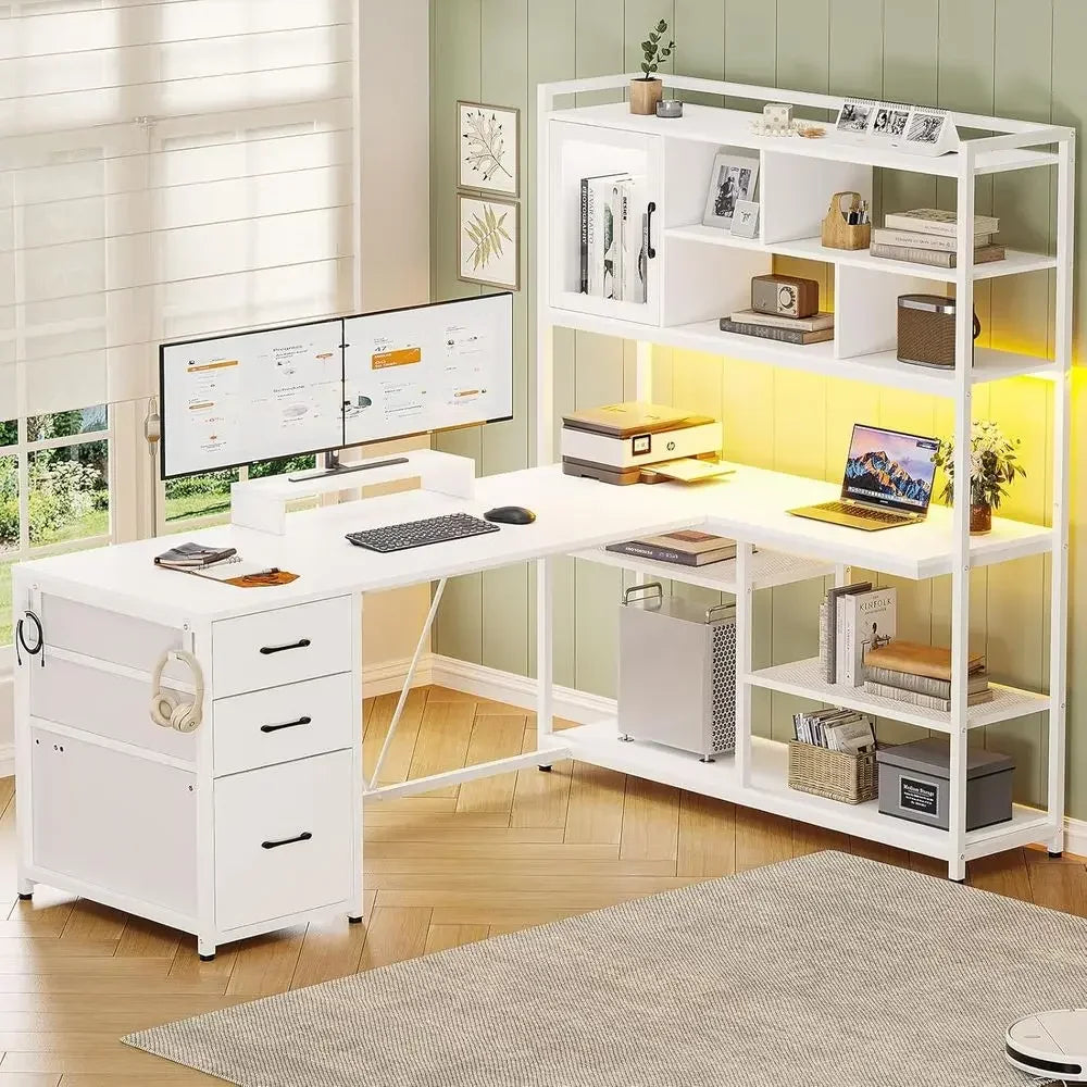 L-Shaped Desk with Storage, 3 Drawers, Bookshelf, LED Lighting