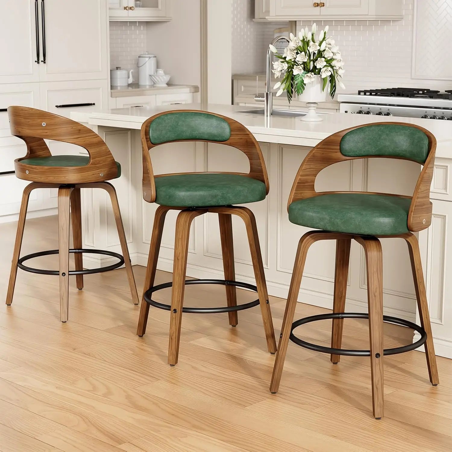 26in Bentwood Counter Stools Set 3 Leather Swivel