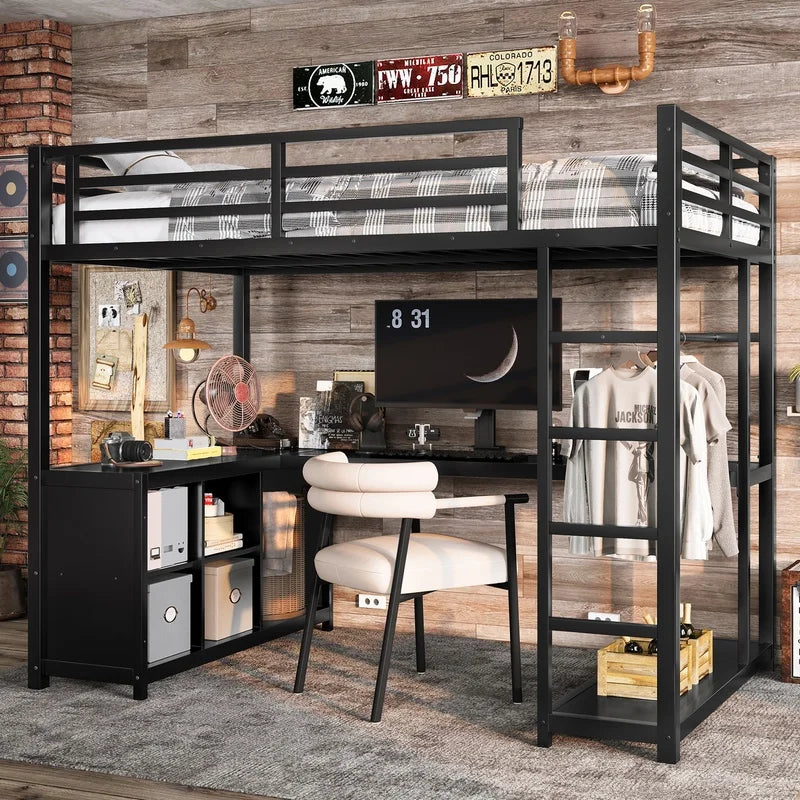 Black Metal Loft Bed with Wardrobe and L-Shaped Desk, Twin Size, Storage Shelves, for Kids Teens Adults