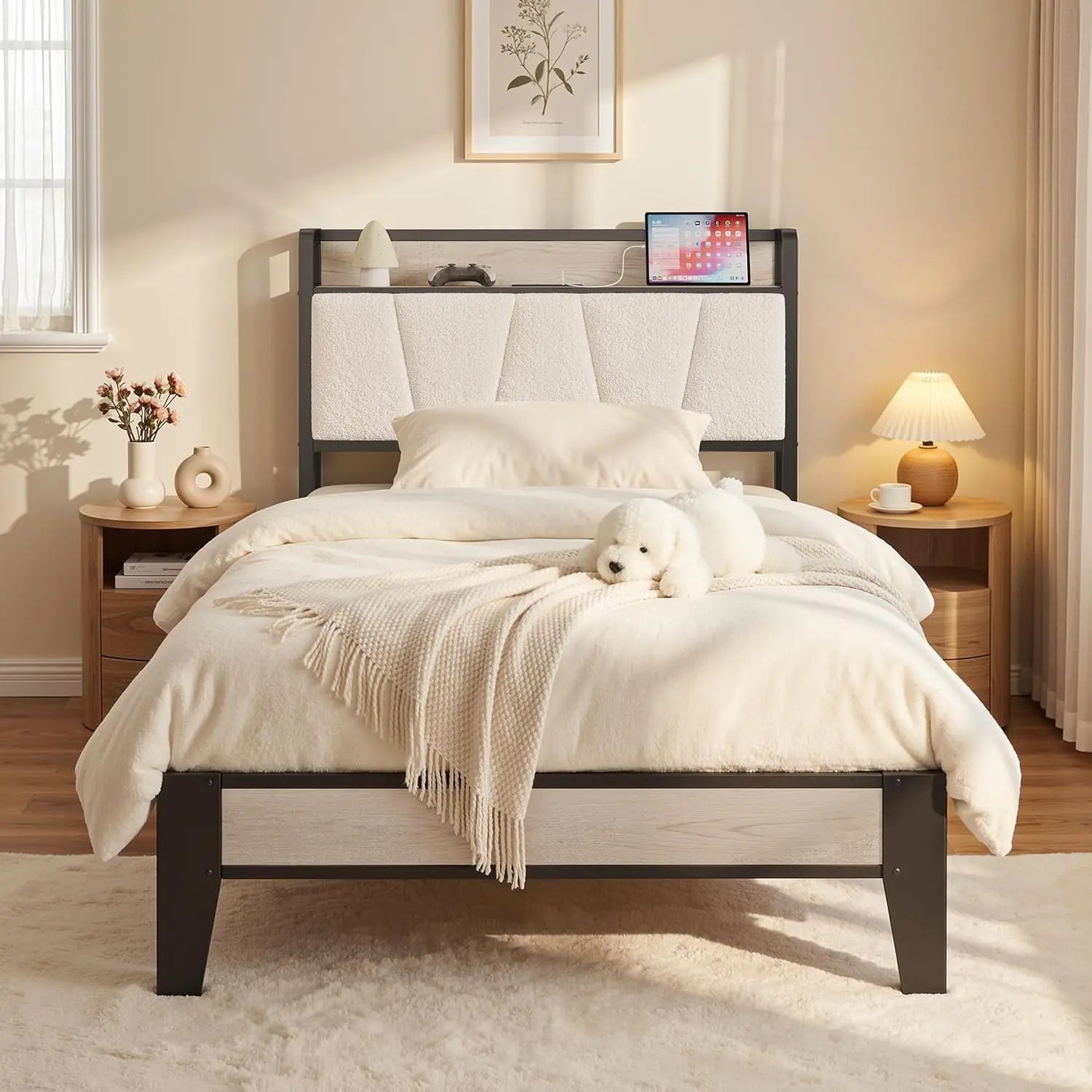 Twin XL Bed Frame with Bouclé Storage Headboard and Charging Station,